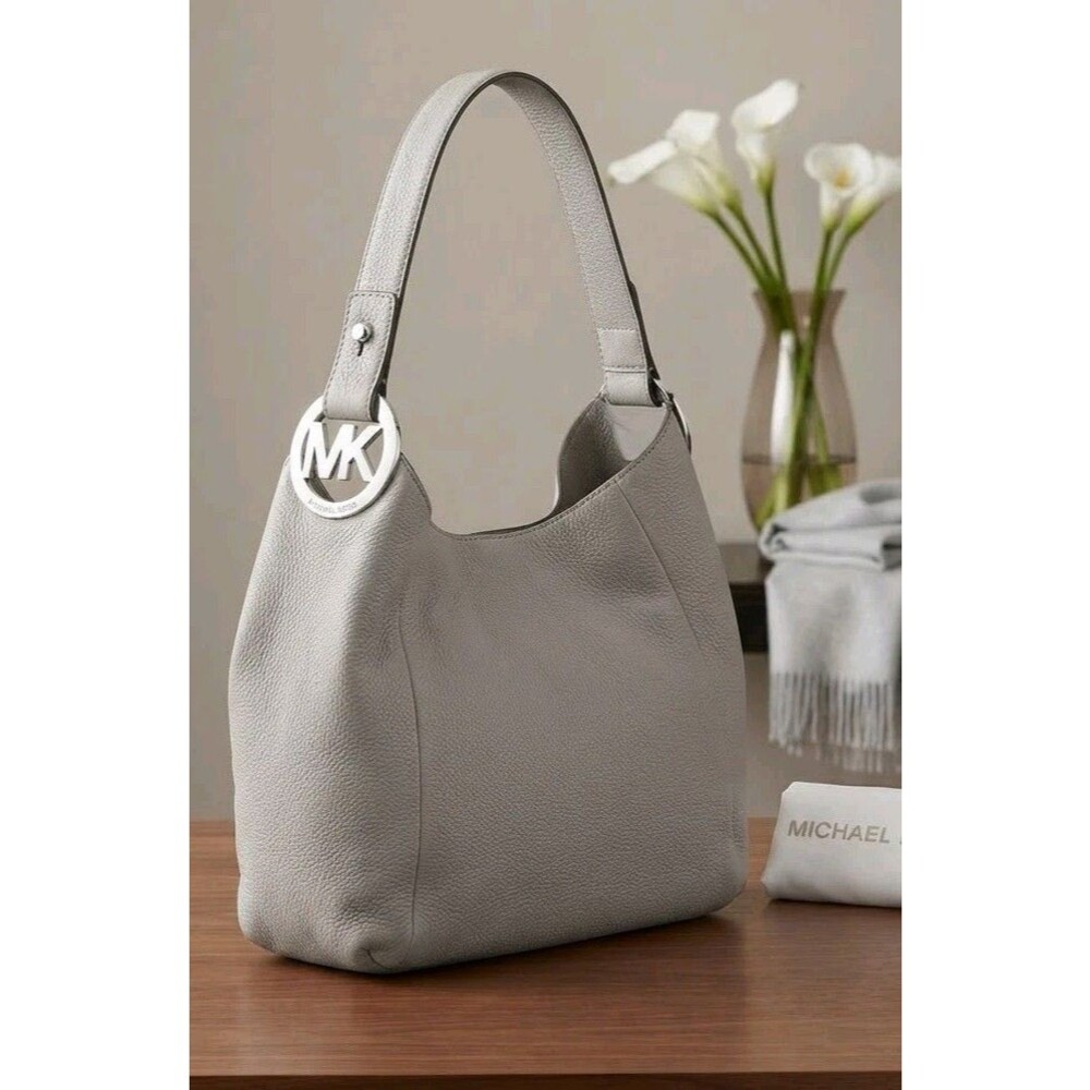 Michael Kors Fulton Shoulder Bag Purse Pebbled Leather Hobo Pearl Grey EUC